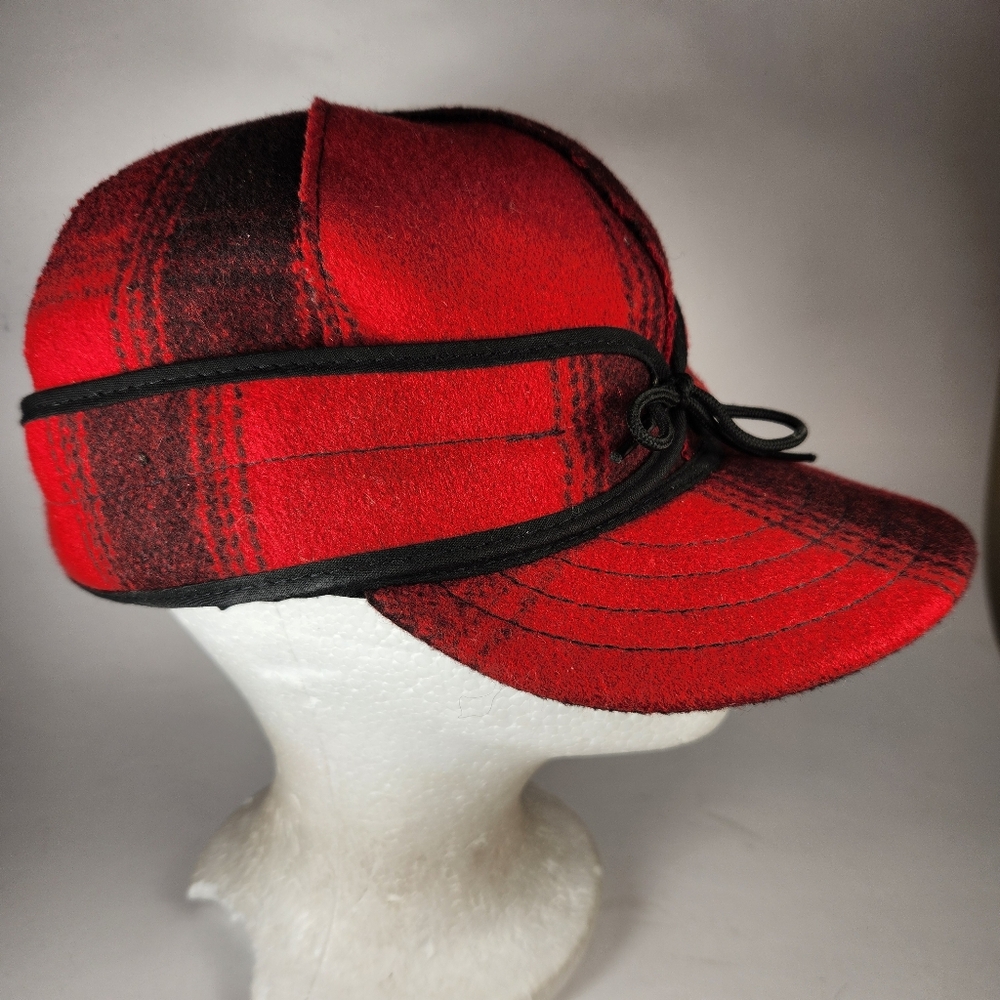 VTG STORMY KROMER Trapper Hat Men's 7 1/4 Red Hunting Wool Plaid Lined Made USA - Picture 3 of 11